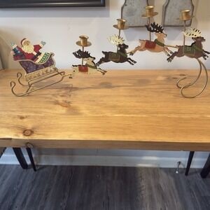 Vintage Hand Painted Sheet Metal & Iron Christmas Santa & Reindeer Candle Holder